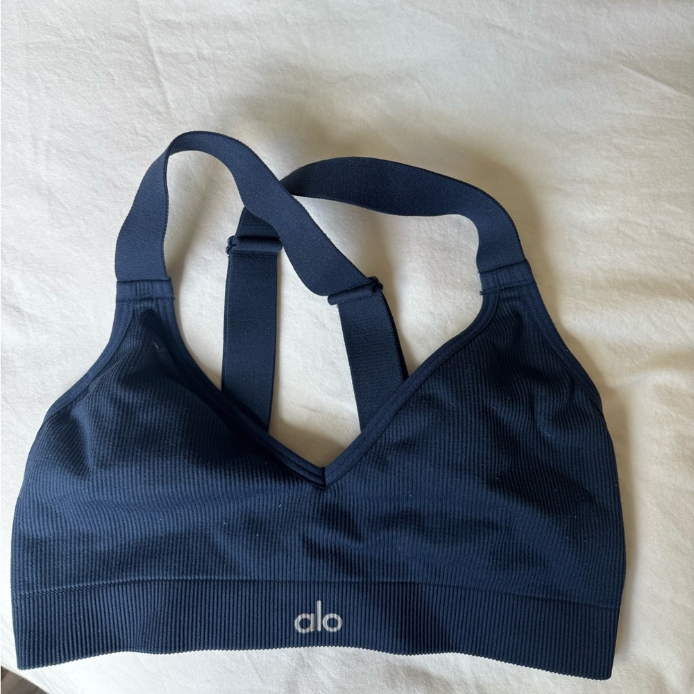 ALO Yoga Navy Ribbed V‑Neck Support Bralette
